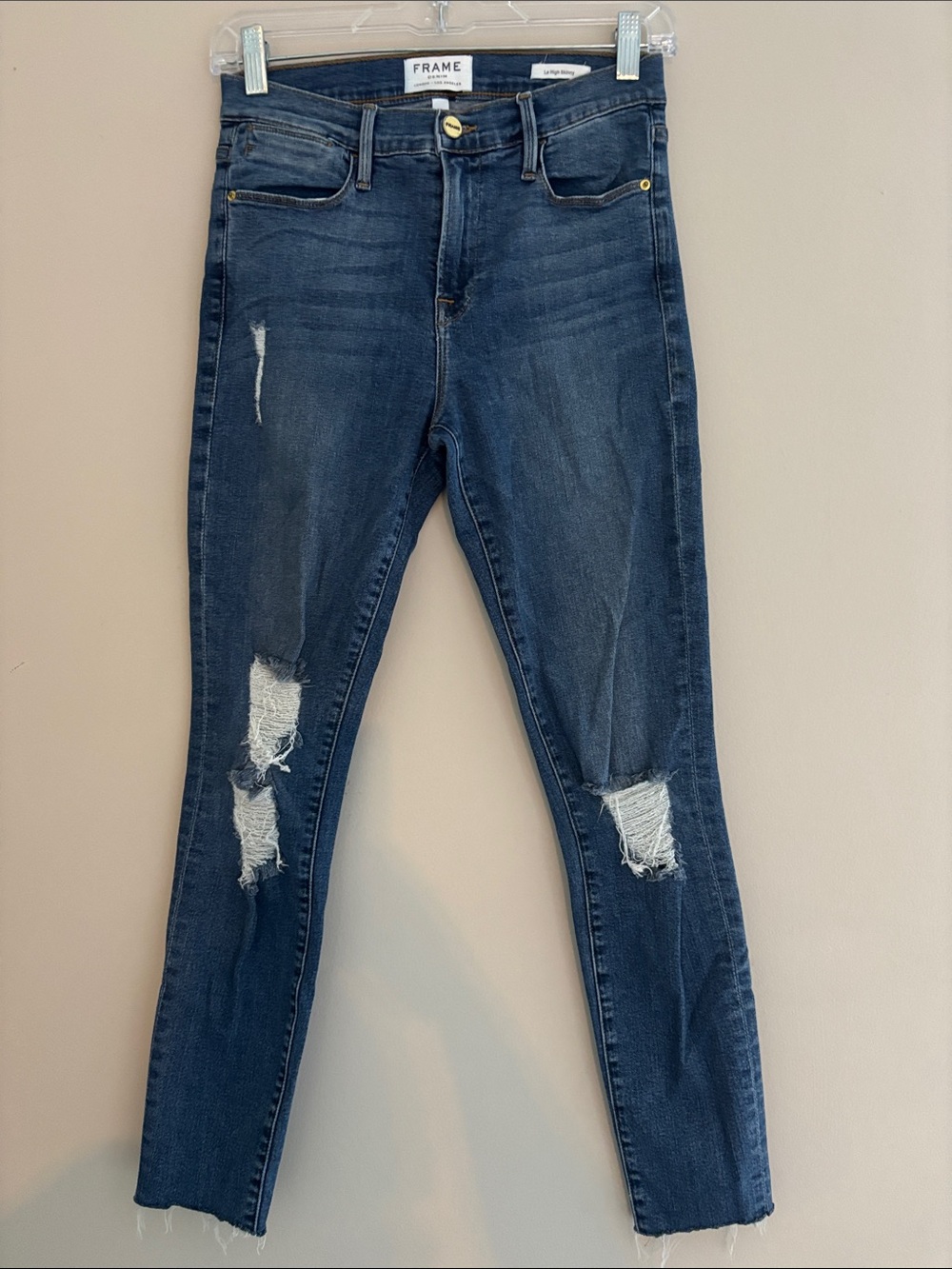 Frame Le high Skinny Jeans in Medium Blue with Distressed Knees
